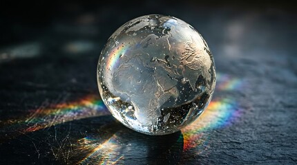 Fototapeta premium Crystal glass globe with world map reflecting rainbow light