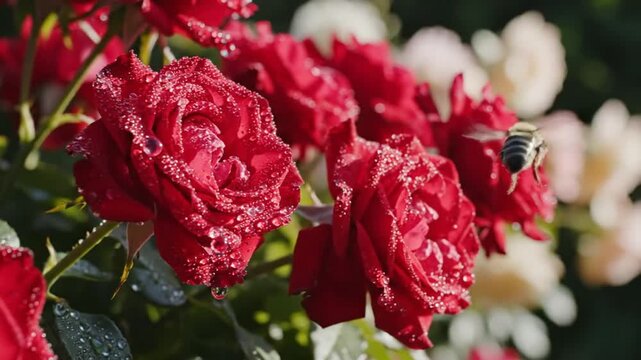 Close-up of vibrant red roses covered in glistening water droplets with a bee buzzing around on a sunny day