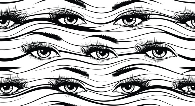 Seamless pattern of detailed hand drawn female eyes with lashes and eyebrows over wavy black lines on white background.