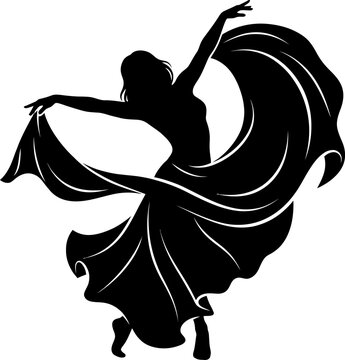 Silhouette dancer in flowing fabric against white background representing freedom and motion