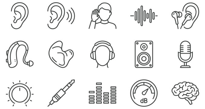 Collection of human ear and hearing aid vector icons with sound waves and brain cognition symbols