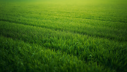 Obraz premium Cinematic wide-angle photo of a lush green grass field under soft morning sunlight, vibrant meadow landscape.