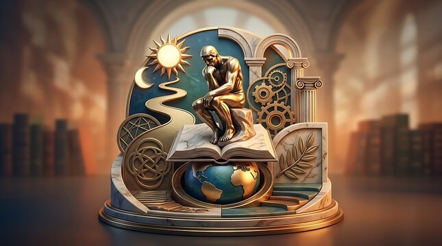 Bronze statue thinking on an open book above a globe