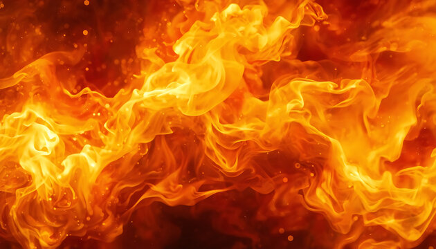 Cinematic extreme close-up of roaring orange and red fire flames with glowing sparks and intense heat texture.