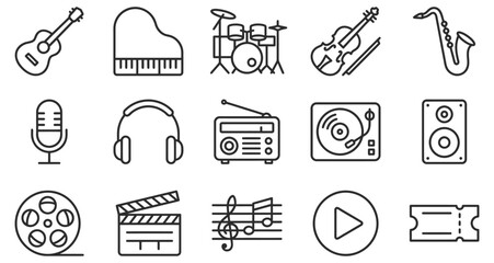 Collection of music and audio equipment icons in flat vector style on white background © Naimulislam
