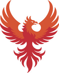 Fototapeta premium Vibrant stylized phoenix bird in orange and red gradient silhouette against plain white background for design