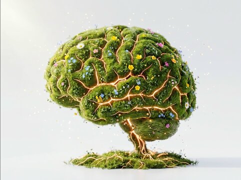 Creative digital illustration of a brain transformed into a vibrant, colorful tree with intricate root and branch networks
