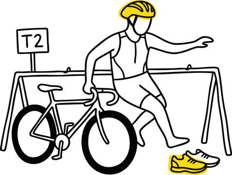 Male Triathlete in Transition Zone T2 with Bicycle and Running Shoes