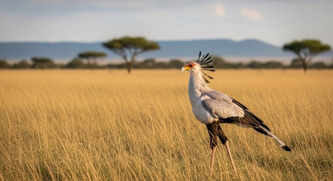 Secretary Bird Standing in African Savanna With Cinematic Wildlife Lighting