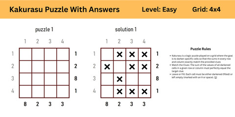 Kakurasu Puzzle With Answers Level Easy Grid 4x4 best to enhance brain muscle memory for both kids and adults perfect for digital use or large print activity or books publishing © Hamza