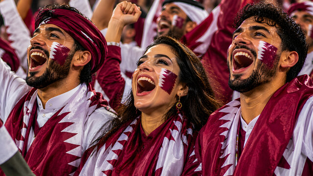 excited qatari fans cheering at sports event