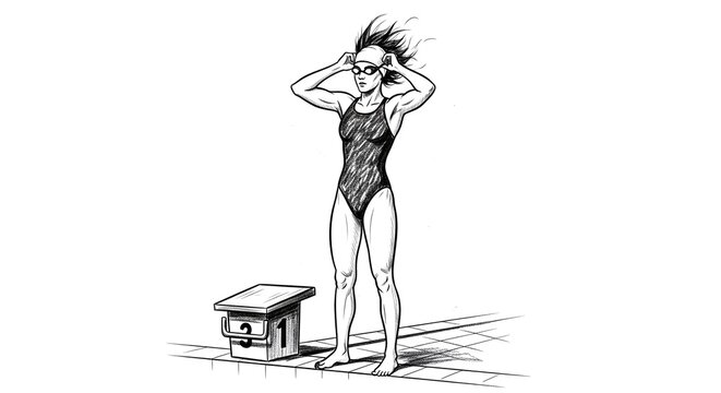Female swimmer stretching by poolside block sketch illustration.