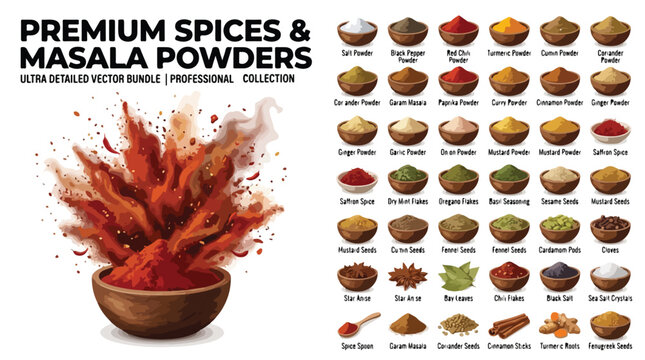 Premium Spices and Masala Powders Vector Bundle, Professional Collection of 42 Culinary Seasoning Icons, Organic Indian Spice Set for Menu Design
