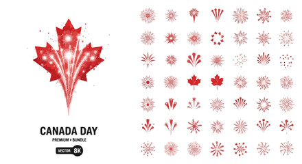 Canada Day fireworks bundle, red maple leaf firework icons set, 49 patriotic celebration elements for national holiday designs, vector collection © ya Allah madad