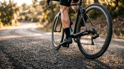 Fototapeta premium Cyclist rides on a gravel road surrounded by trees in early evening light, showing legs and bike details