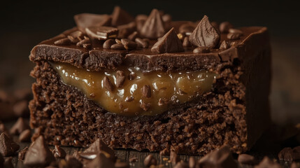 Obraz premium Lucid realism chocolate caramel dessert macro close up moist cake with caramel filling