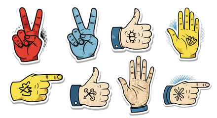 Fototapeta premium Vintage hand gesture sticker set, retro comic style human hands with tattoos, 8 vector icons including peace sign and thumbs up for social media