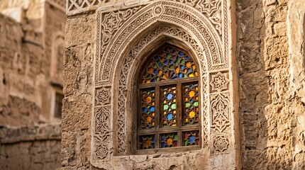Obraz premium Intricate window design in an ancient stone building in a historical location during daylight hours