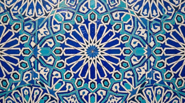 Decorative tiles feature intricate patterns in blue and white colors at a historic building in a city