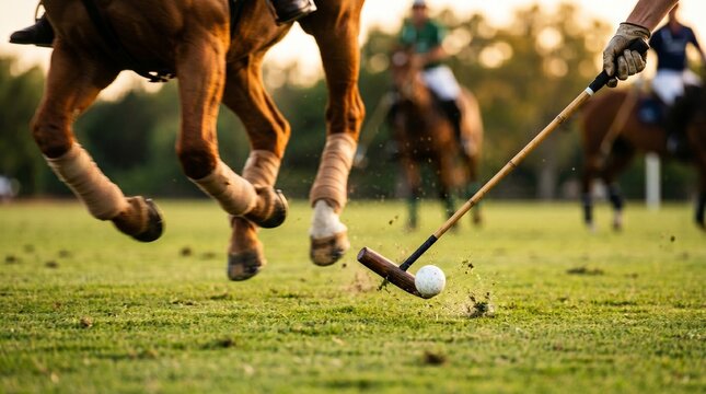 Players participate in a polo match at sunset with horses running on the field