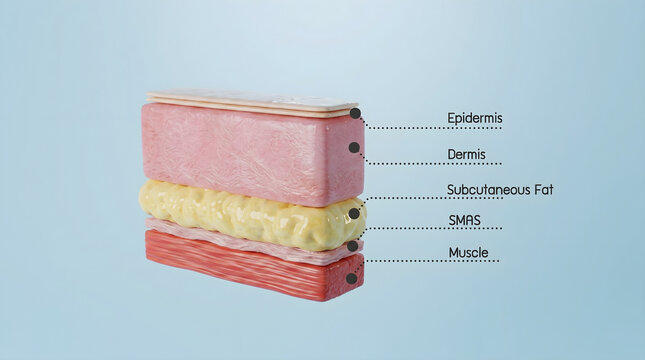 Anatomical model labels epidermis dermis smas muscle layers.Provides educational reference for medical anti aging treatment. 3D rendering.