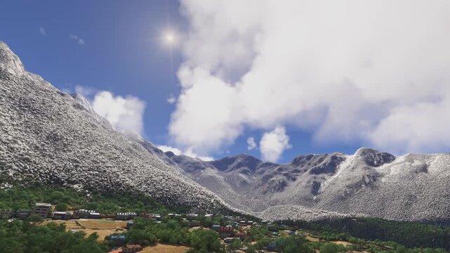 Circular aerial view of the snow at Lukla in Chaurikharka. Nepal