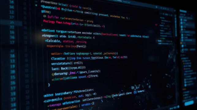 Dark code editor screen with colorful programming text and blurred interface elements