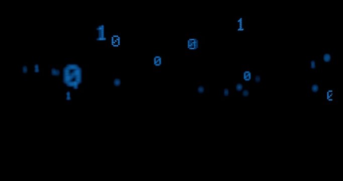 強いボケを伴い手前から奥へと広がる青いデジタル数字のバイナリデータ地平線
