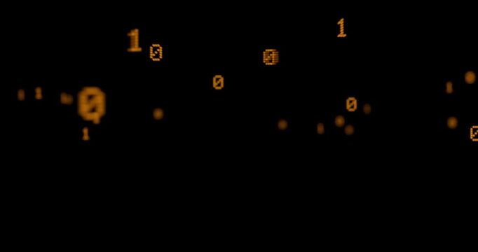 強いボケを伴い手前から奥へと広がるオレンジのデジタル数字のバイナリデータ地平線
