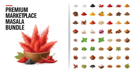 Premium Masala Bundle with 56 Spice Icons, Realistic Indian Seasoning Powder in Wooden Bowl, Culinary Herbs and Condiments Vector Set © Allah k hwaly