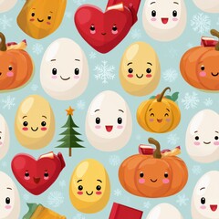 Fototapeta premium Pattern features various holiday celebration elements like hearts, eggs, pumpkins, and snowflakes with small pencil and book accents.