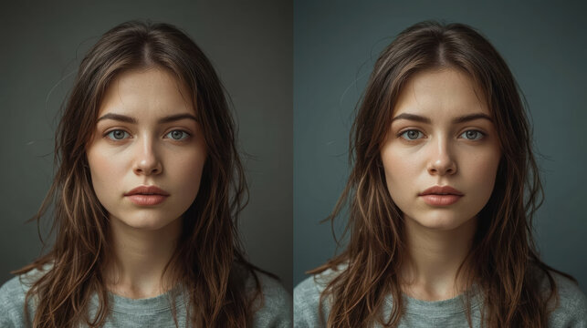 Young woman portrait before and after mood change with lucid realism and emotional contrast