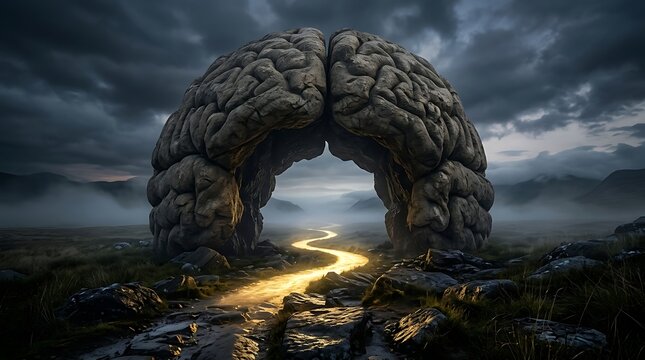 Giant stone brain archway over a glowing path in misty valley