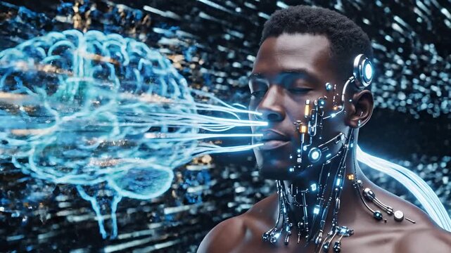 Futuristic Man with Cybernetic Enhancements and Glowing Brain Interface.