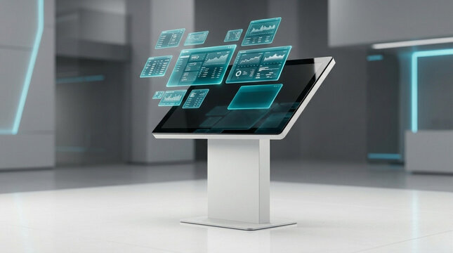 Modern digital information kiosk displaying floating holographic screens with financial data and business charts in a bright minimalist corporate lobby