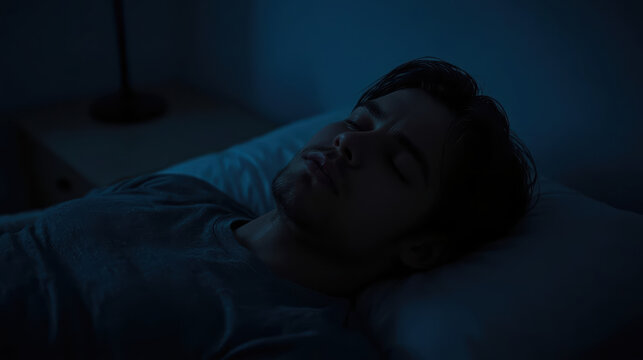 Young man resting with eyes closed in dim blue bedroom, calm expression