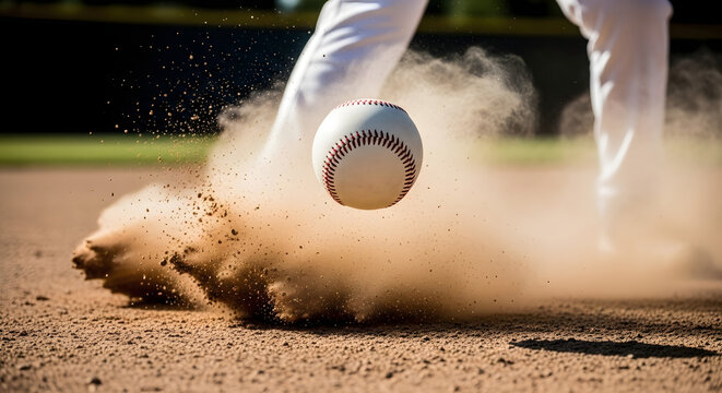 Baseball action shot player kicking up dust while fielding a ground ball on diamond