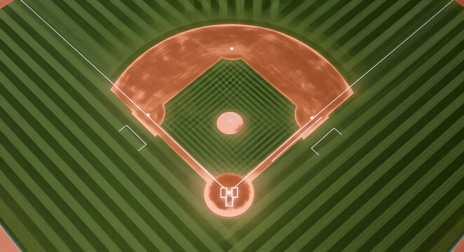 Overhead view of a baseball field with glowing markings