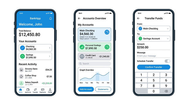 Mobile phones display online banking application screens with financial data and transfer options.