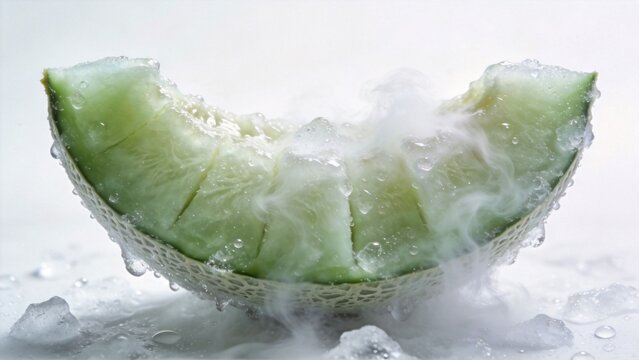 Fresh Green Honeydew Melon Slice Surrounded by Ice and Vapor