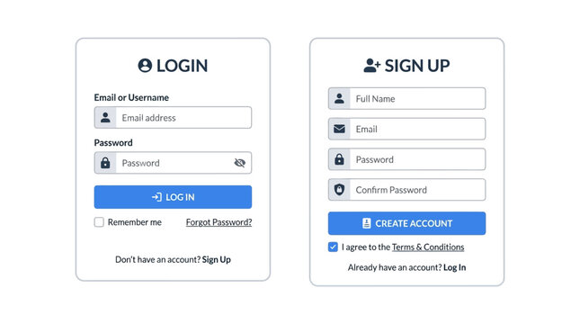 A screenshot of a computer screen displays login and sign up forms side by side with input fields and buttons.