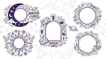Fototapeta premium Hand drawn mystical celestial frame vector set, magical doodle border illustrations with moon, stars, and witchcraft elements