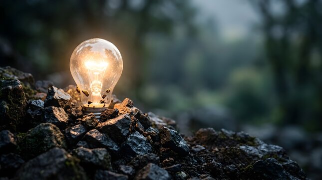Glowing light bulb illuminating dark rocks as a metaphor for new ideas