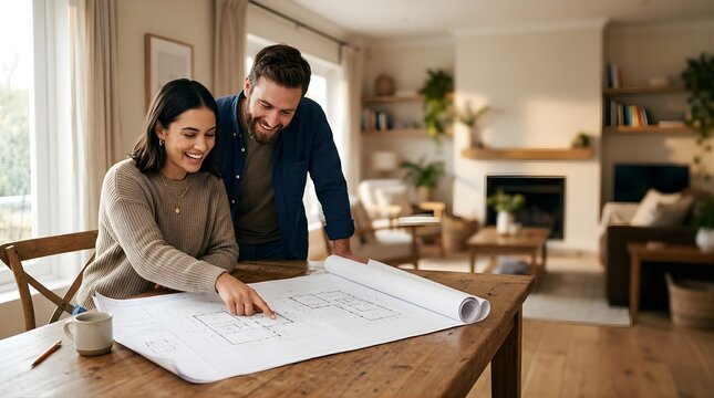 Happy couple reviewing house renovation blueprints at home table