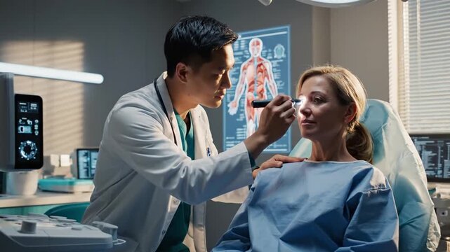 Medical Examination: Doctor Assessing Patient's Eyesight In Modern Clinic With Advanced Technology