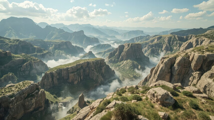 Fototapeta premium Sunlit canyon valley with layered cliffs and morning mist