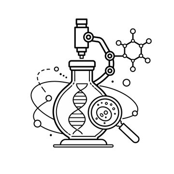Detailed monochrome illustration symbolizing advanced scientific exploration, combining genetic analysis, microscopic examination, and molecular structures within a laboratory research context