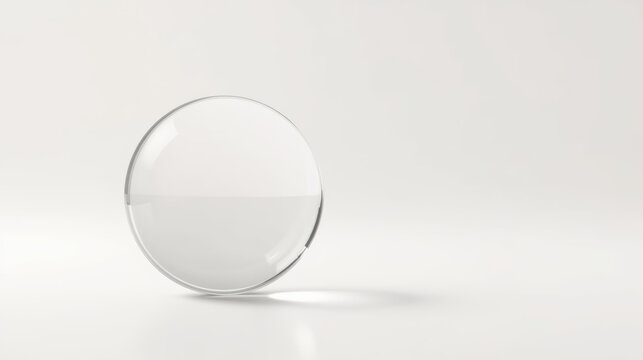 Transparent glass sphere casting soft shadow on minimal white surface, calm reflective lighting
