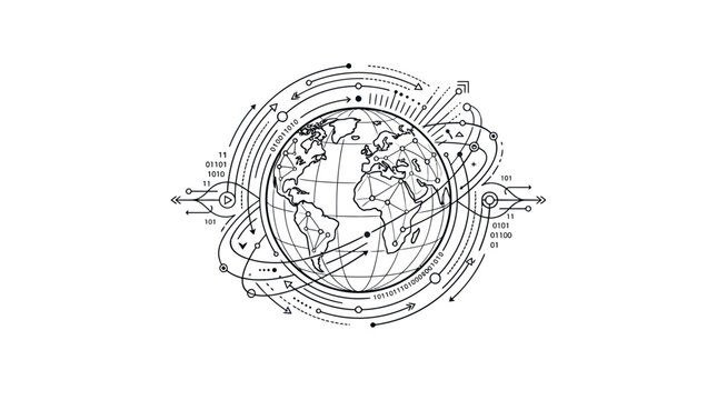 Global Network Connection Technology, Earth Globe with Digital Data Flow and Orbiting Lines