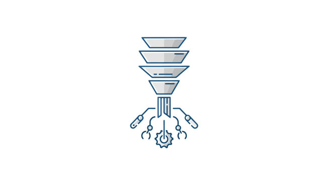 Conceptualization of automated data processing and business analysis with sequential funnel stages and robotic arm integration representing industrial automation industry leading to efficient